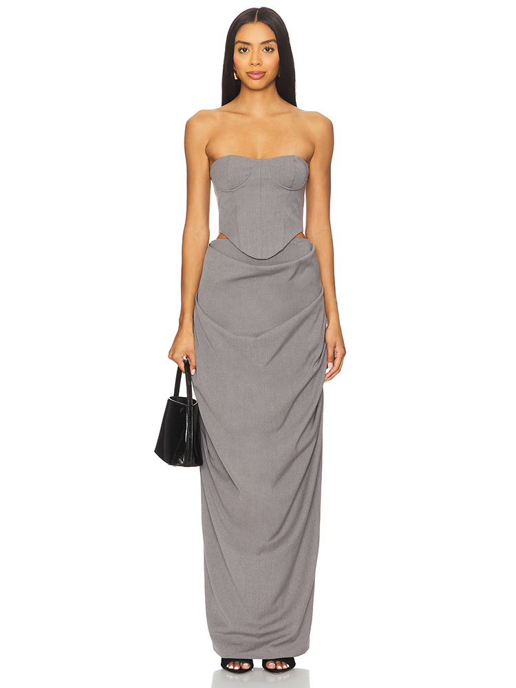 Female Formal Wear - Vestido Longo Cinza Off-Shoulder com Corset